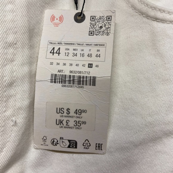 Zara The Cropped Barrel Jeans Womens 12 44/25 White Relaxed Wide Leg Mid Rise - Picture 9 of 16